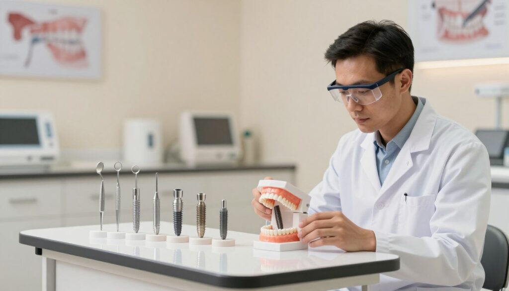 A detailed visual representation of factors influencing dental implant costs. In the foreground, display a professional, diverse dentist examining an implant model on a sleek, modern table, wearing a lab coat and protective glasses. In the middle, depict a variety of dental tools and implants, symbolizing different material qualities and techniques, arranged thoughtfully to suggest complexity. The background should feature a softly lit dental clinic, creating a clean and inviting atmosphere, with subtle hints of dental charts and technology. Use warm, professional lighting to enhance the feeling of trust and expertise, while ensuring a clear focus on the dentist and the tools. The mood should convey professionalism, knowledge, and care in dental treatment. A detailed visual representation of factors influencing dental implant costs. In the foreground, display a professional, diverse dentist examining an implant model on a sleek, modern table, wearing a lab coat and protective glasses. In the middle, depict a variety of dental tools and implants, symbolizing different material qualities and techniques, arranged thoughtfully to suggest complexity. The background should feature a softly lit dental clinic, creating a clean and inviting atmosphere, with subtle hints of dental charts and technology. Use warm, professional lighting to enhance the feeling of trust and expertise, while ensuring a clear focus on the dentist and the tools. The mood should convey professionalism, knowledge, and care in dental treatment.
