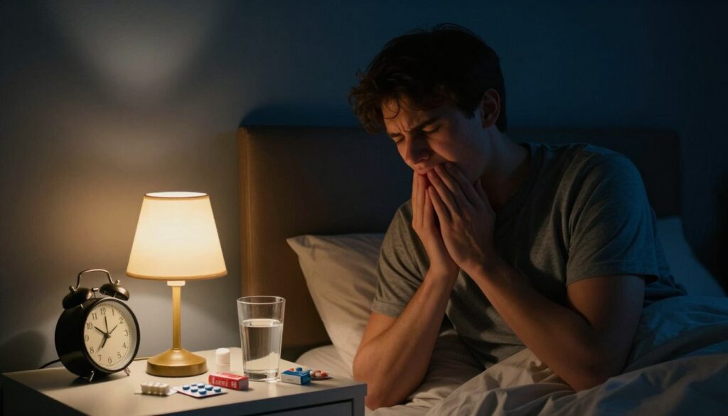 A dimly lit room at night, capturing the tense and uneasy atmosphere of a toothache crisis. In the foreground, a bedside table cluttered with over-the-counter pain relief medication, a glass of water, and a worried-looking young adult in modest casual attire, clutching their jaw in discomfort. The middle ground features a soft, may have a small lamp casting a warm light, illuminating a clock showing the late hours. The background reveals a darkened room, partially obscured by shadows, suggesting solitude and the stillness of night. The overall color palette should convey a sense of urgency and distress, with deep blues and warm yellows contrasting in the light, evoking the challenge of enduring tooth pain before an impending dental visit.
