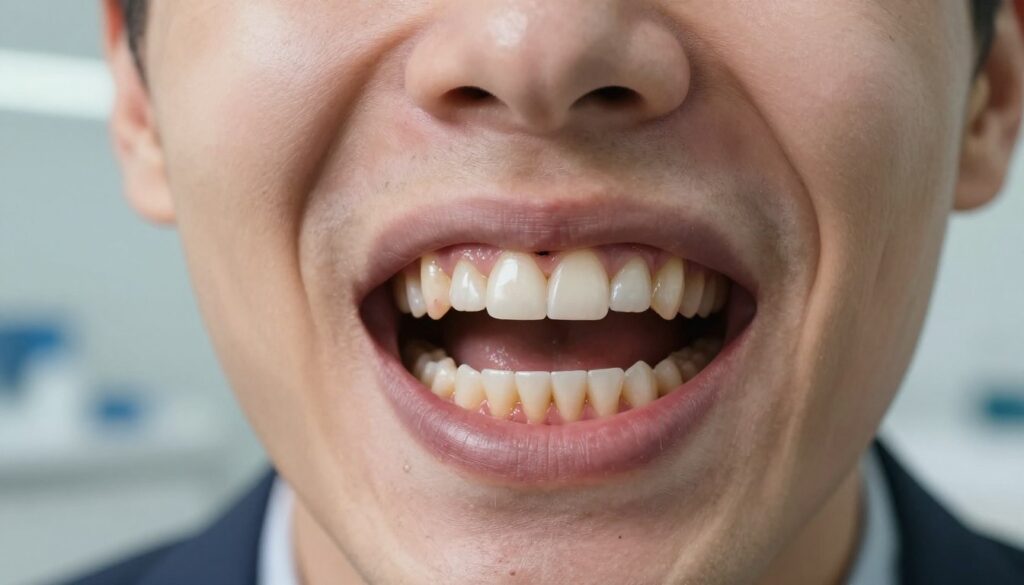 A dramatic close-up of a human mouth showcasing advanced tooth decay. In the foreground, the teeth are visibly damaged with dark cavities and visible decay, evoking a sense of urgency and discomfort. The middle ground features a concerned expression on a person’s face, showing subtle signs of distress, dressed in professional attire, reflecting the seriousness of the symptoms. In the background, a softly blurred dental clinic environment with neutral tones enhances the clinical atmosphere. Bright, soft lighting casts shadows that emphasize the texture of the teeth and the expression of concern, creating a mood of tension and awareness. The overall composition should be engaging, highlighting the importance of recognizing dental health issues before they escalate into severe pain.