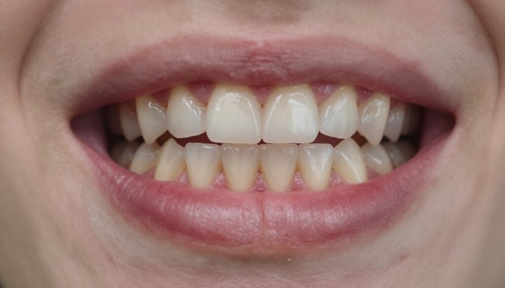 A focused view of a person's gum area exhibiting signs of inflammation, featuring slight swelling that is visually prominent. The foreground includes a close-up of the gum, showing the affected area in detail with a subtle, reddish hue to indicate irritation. In the middle ground, the rest of the teeth are visible, clean and healthy, contrasting with the inflamed gum. The background is softly blurred to emphasize the dental focus, with soft lighting that highlights the texture of the gum and teeth. The atmosphere conveys urgency and concern, emphasizing the seriousness of dental health issues. The composition should be clinical and professional, with no distractions, suitable for a healthcare-related context.