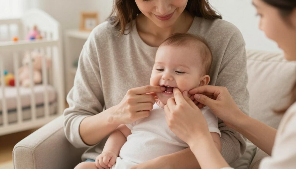 A gentle home scene featuring a caring parent or caregiver sitting on a comfortable chair, lovingly performing gum massage on an infant. The infant, with a peaceful expression, is cradled in the caregiver's arms, smiling softly, showcasing their white gums as a natural part of teething. Warm, soft lighting fills the room, creating a cozy atmosphere. In the background, a softly decorated nursery can be seen with pastel colors, toys, and cozy details, enhancing the warmth of the moment. The image captures the bond between the caregiver and the baby, reflecting both tenderness and care, with a focus on their interaction. The angle is slightly above eye-level, emphasizing the connection between the caregiver and the infant. A gentle home scene featuring a caring parent or caregiver sitting on a comfortable chair, lovingly performing gum massage on an infant. The infant, with a peaceful expression, is cradled in the caregiver's arms, smiling softly, showcasing their white gums as a natural part of teething. Warm, soft lighting fills the room, creating a cozy atmosphere. In the background, a softly decorated nursery can be seen with pastel colors, toys, and cozy details, enhancing the warmth of the moment. The image captures the bond between the caregiver and the baby, reflecting both tenderness and care, with a focus on their interaction. The angle is slightly above eye-level, emphasizing the connection between the caregiver and the infant.