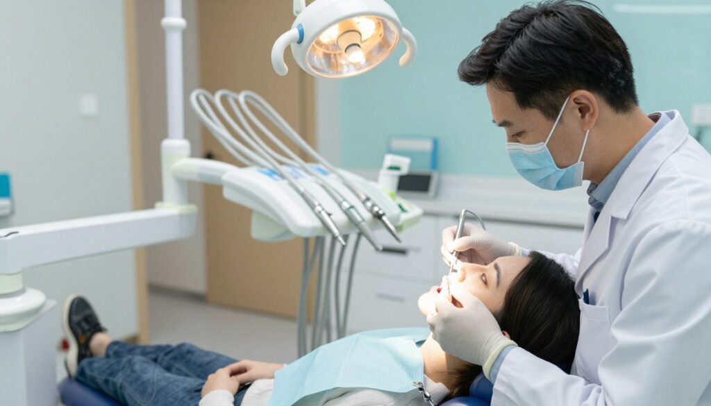 A modern dental clinic interior featuring a dentist performing a bonding procedure on a patient. The foreground focuses on the dentist, wearing a white coat and surgical gloves, carefully applying bonding material to the patient's front teeth. The patient, a young adult in a modest casual outfit, sits comfortably in a dental chair, looking relaxed and attentive. In the middle ground, dental tools and a bright lamp are visible, emphasizing the professionalism of the environment. The background shows sleek dental equipment and calming colors on the walls, enhancing a serene atmosphere. Soft, natural lighting floods the room, creating a welcoming mood. The scene captures the essence of aesthetic dentistry, focusing on detail and care.