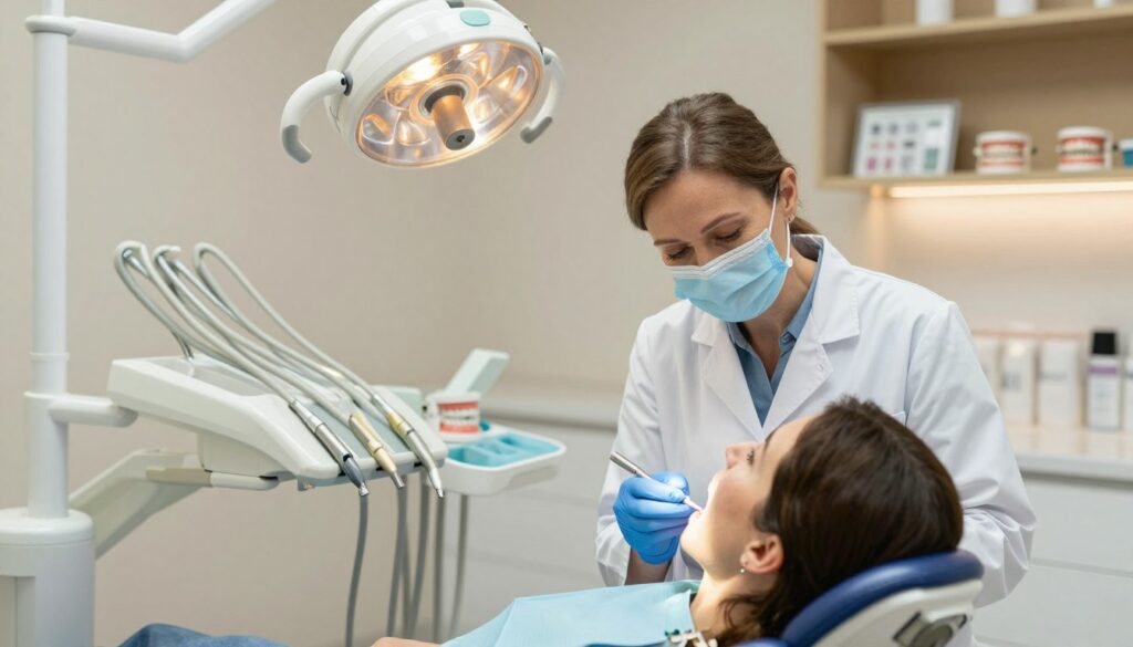 A modern dental clinic interior featuring a focused dentist examining a patient's gums. In the foreground, the dentist, a middle-aged Caucasian woman wearing a white lab coat and blue gloves, leans towards the patient with a gentle yet professional demeanor. The middle ground showcases a well-equipped dental chair and surgical light, with dental tools neatly arranged on a tray. In the background, shelves filled with dental models and educational materials create an atmosphere of professionalism and care. The lighting is soft and clinical, casting a warm glow that enhances the inviting environment. The composition should focus on the interaction, conveying a sense of trust and expertise in diagnosing gum pain.