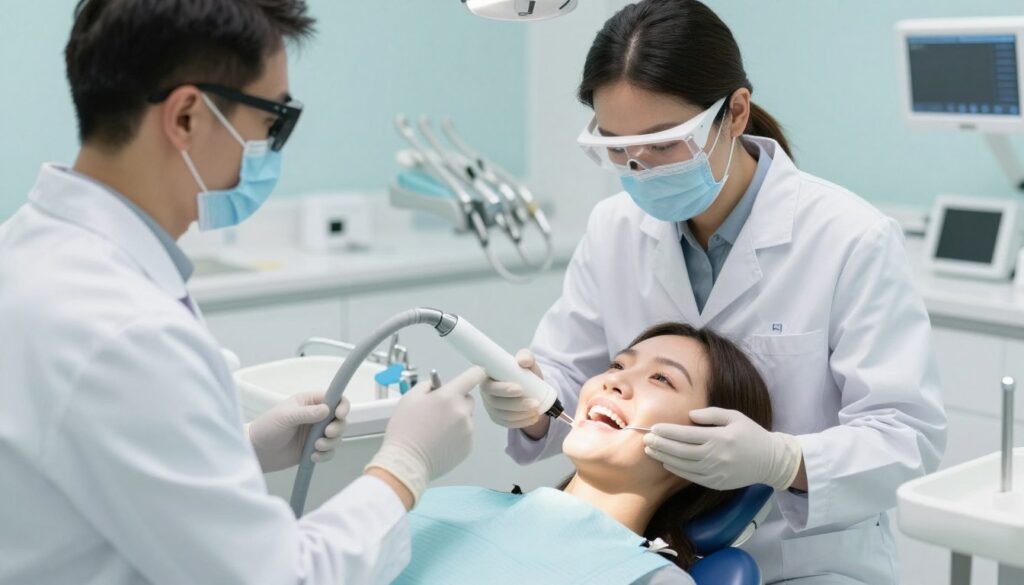 A modern dental clinic with a focus on laser teeth whitening. In the foreground, a professional dentist in a white coat is preparing a laser device while wearing protective goggles. The middle ground features a patient reclining in a dental chair, relaxed and calm, with a bright, cheerful expression, while the dentist explains the procedure. Soft, even lighting enhances the bright, sterile environment of the clinic. In the background, dental tools are neatly organized on a counter with a soothing color palette of light blues and whites. The atmosphere is one of professionalism and care, highlighting the advanced technology and the comfort of dental care. The image captures the essence of a cutting-edge dental whitening process. A modern dental clinic with a focus on laser teeth whitening. In the foreground, a professional dentist in a white coat is preparing a laser device while wearing protective goggles. The middle ground features a patient reclining in a dental chair, relaxed and calm, with a bright, cheerful expression, while the dentist explains the procedure. Soft, even lighting enhances the bright, sterile environment of the clinic. In the background, dental tools are neatly organized on a counter with a soothing color palette of light blues and whites. The atmosphere is one of professionalism and care, highlighting the advanced technology and the comfort of dental care. The image captures the essence of a cutting-edge dental whitening process.