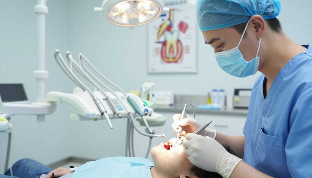 A modern dental office interior, featuring a close-up view of a dental professional meticulously performing a root canal treatment on a patient. In the foreground, the dentist, dressed in professional scrubs and a mask, is focused on the procedure, holding specialized dental tools with precision. The middle layer shows the dental chair with the patient comfortably seated, their mouth open, exposing the tooth being treated. The background features well-organized dental equipment, bright overhead lighting illuminating the scene, and an anatomical poster on the wall depicting tooth anatomy. The atmosphere is clinical yet calm, emphasizing trust and expertise in dental care, with a color palette of soft blues and whites to evoke cleanliness and professionalism.