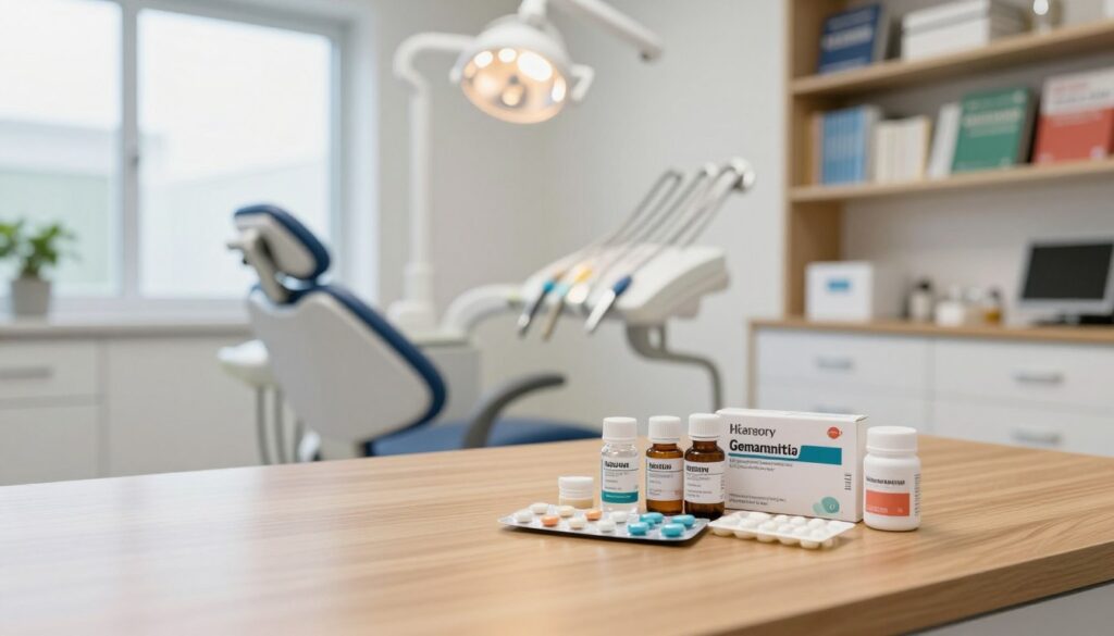 A modern dental office interior, highlighting the essential tools and medicines used for treating gum inflammation. In the foreground, a set of commonly prescribed antibiotics for periodontal treatment displayed neatly on a polished wooden desk, with labels facing up, indicating their names and dosages. In the middle ground, a well-equipped dental examination chair and bright overhead lighting, creating a clean and professional ambiance. The background features a shelf filled with dental textbooks and a large window allowing natural light to filter in, casting a warm glow. The atmosphere is clinical yet welcoming, emphasizing the importance of dental care in relation to antibiotics. Focused composition from an eye-level angle, creating an inviting and informative visual. A modern dental office interior, highlighting the essential tools and medicines used for treating gum inflammation. In the foreground, a set of commonly prescribed antibiotics for periodontal treatment displayed neatly on a polished wooden desk, with labels facing up, indicating their names and dosages. In the middle ground, a well-equipped dental examination chair and bright overhead lighting, creating a clean and professional ambiance. The background features a shelf filled with dental textbooks and a large window allowing natural light to filter in, casting a warm glow. The atmosphere is clinical yet welcoming, emphasizing the importance of dental care in relation to antibiotics. Focused composition from an eye-level angle, creating an inviting and informative visual.