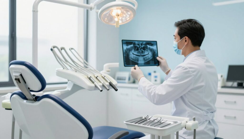 A modern dental office interior, showcasing a clean and professional atmosphere. In the foreground, a modern dental chair is positioned next to a well-organized instrument tray, equipped with various dental tools in shiny metal, illuminated under bright, white lighting. The middle ground features a dentist in a white coat and mask, attentively examining a dental X-ray displayed on a digital screen, conveying an aura of professionalism and care. In the background, large windows allow natural light to stream in, illuminating the soft blue walls and creating a calming effect. The overall mood is serene yet clinical, emphasizing the importance of timely dental care and the expertise found in a professional setting, ideal for highlighting the necessity of visiting a dentist.