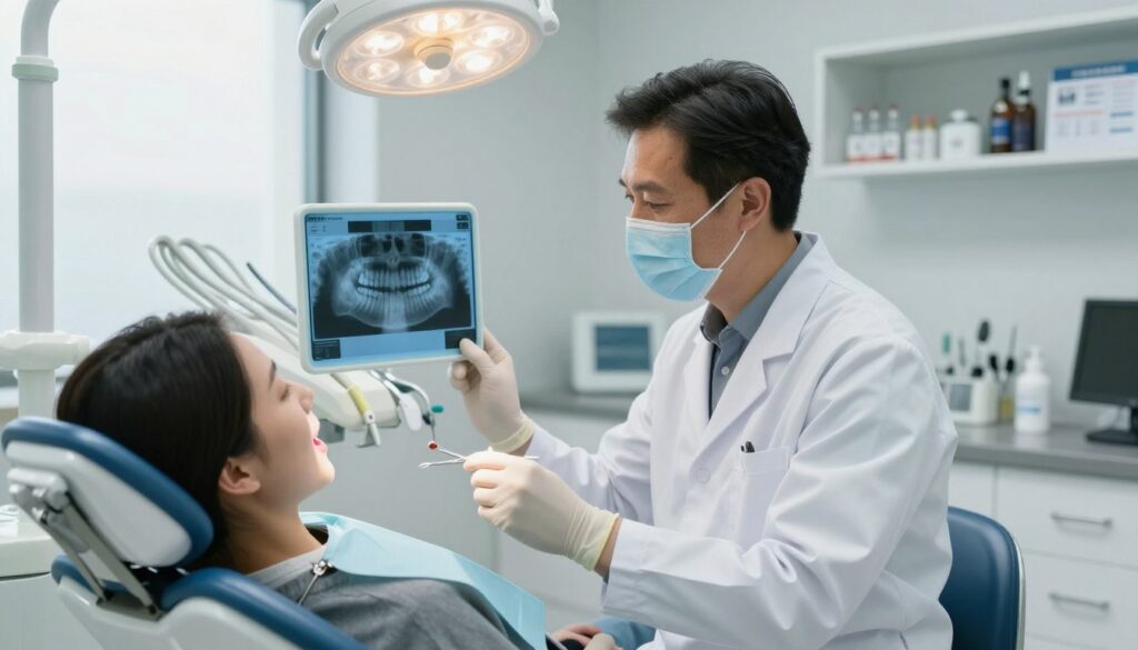 A modern dental office setting focusing on endodontics, with a professional dentist in a white coat and mask, examining a patients' dental x-ray on a light box. In the foreground, a dental chair with a patient reclined, revealing an open mouth with dental tools nearby. The dentist is attentively analyzing the information, indicating a careful approach to diagnosing potential pain after a root canal treatment. Soft natural light streaming in through a window enhances the clinical atmosphere. In the background, shelves line the walls filled with dental equipment and informational posters about root canal procedures. The mood is focused and professional, reflecting a commitment to patient care and dental health.