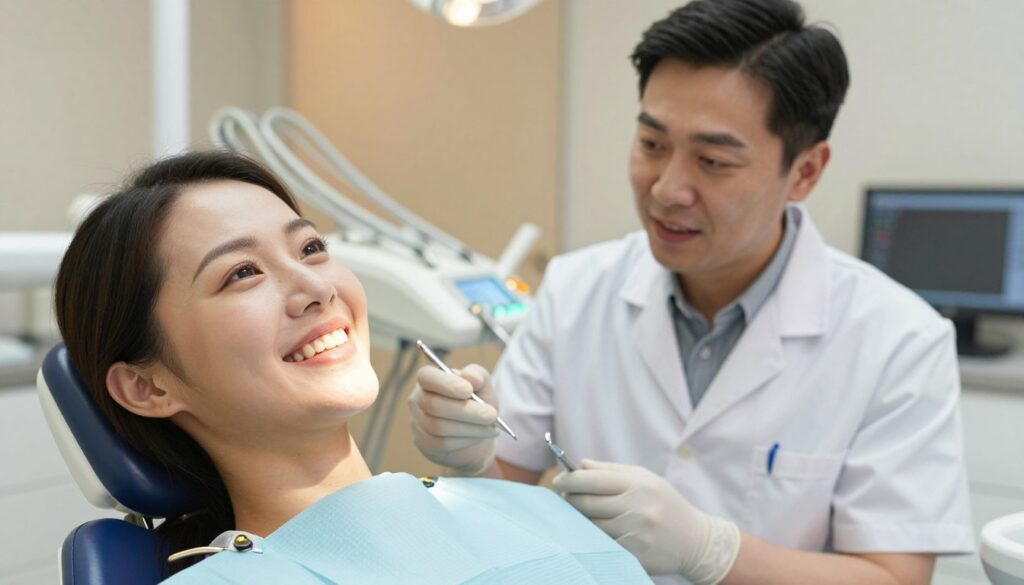 A patient sitting in a modern dental office, smiling confidently while displaying a golden tooth. The foreground features the patient's face, focusing on their bright smile and the gleaming golden tooth. In the middle ground, there's a dentist in professional attire, examining dental tools and looking engaged in conversation with the patient. The background captures a well-lit dental room, showcasing contemporary equipment and calming colors to evoke a reassuring atmosphere. Soft, warm lighting creates a welcoming vibe, enhancing the idea of dental care and comfort. The scene should convey a positive emotion, highlighting the aesthetics and practicality of dental health choices like a gold tooth.