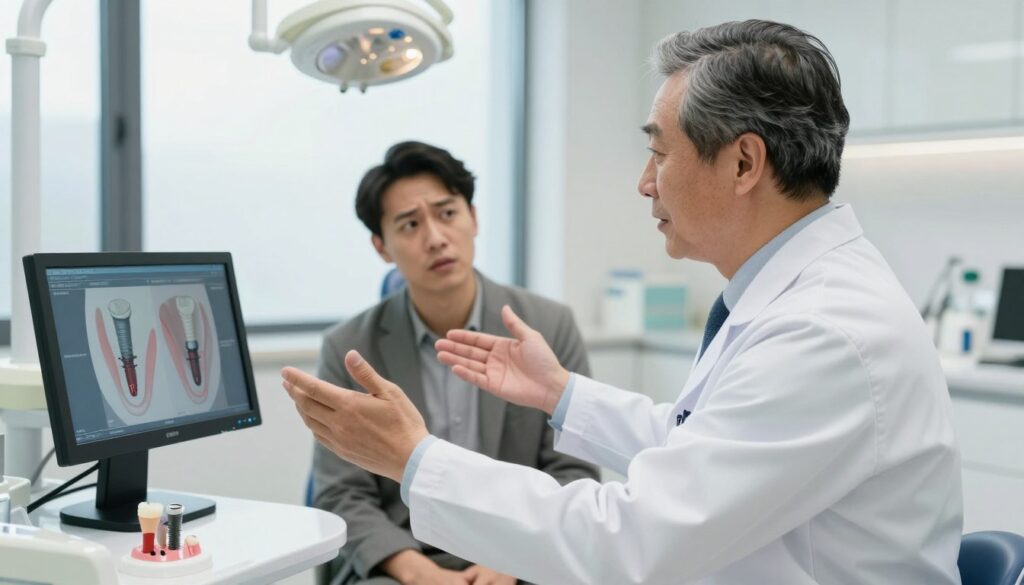 A professional dental office scene depicting a dental consultation about dental implants. In the foreground, a middle-aged dentist in a white coat gestures towards a digital screen displaying graphics of dental implants and contraindications, such as bone loss, gum disease, and medical conditions. The dentist appears knowledgeable and approachable. In the middle ground, a patient, dressed in business casual attire, listens attentively, showing a concerned expression. The background features dental tools, anatomical models, and a large window allowing soft natural light to illuminate the room, creating a warm atmosphere. The composition captures a sense of professionalism and care, with a focus on the dentist and patient interaction. A professional dental office scene depicting a dental consultation about dental implants. In the foreground, a middle-aged dentist in a white coat gestures towards a digital screen displaying graphics of dental implants and contraindications, such as bone loss, gum disease, and medical conditions. The dentist appears knowledgeable and approachable. In the middle ground, a patient, dressed in business casual attire, listens attentively, showing a concerned expression. The background features dental tools, anatomical models, and a large window allowing soft natural light to illuminate the room, creating a warm atmosphere. The composition captures a sense of professionalism and care, with a focus on the dentist and patient interaction.