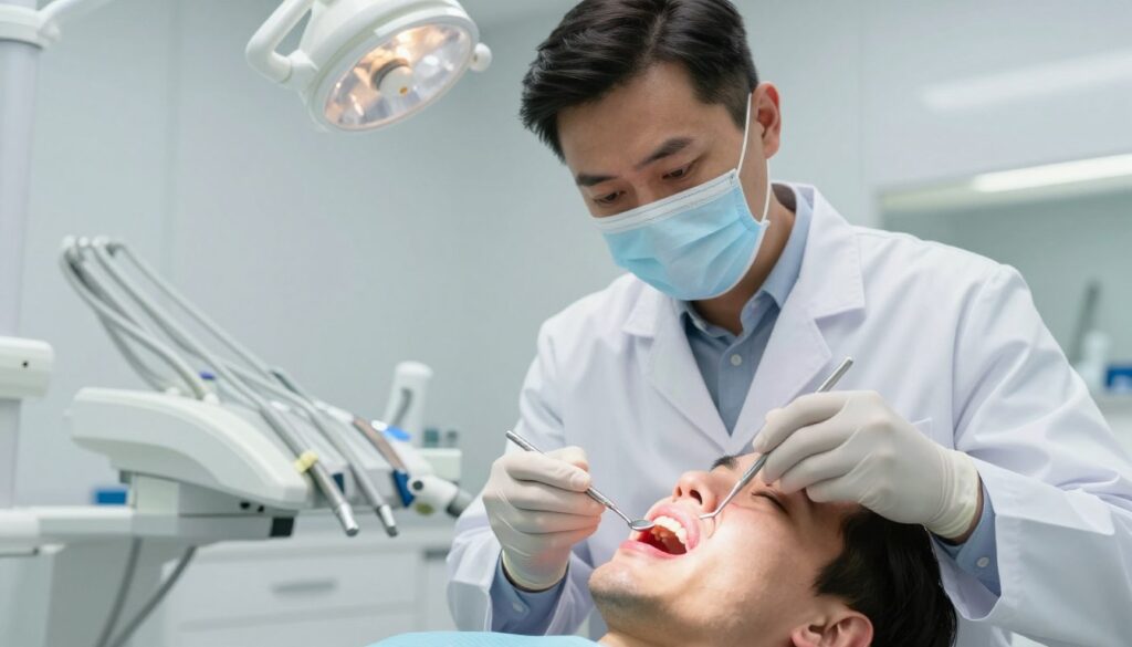 A professional dentist in a modern dental clinic, examining a patient's mouth with a focused expression. The dentist is wearing a crisp, white lab coat and protective gloves, with a dental mirror in hand. The background features high-tech dental equipment and a large dental chair under bright, clinical lighting. In the foreground, a close-up of the patient's mouth is visible, showcasing signs of gum disease, with vivid reds and inflamed gums. The atmosphere is serious and clinical, conveying the urgency of dental care. The angle captures both the dentist's expertise and the patient's concern, emphasizing the need for prompt dental assistance.
