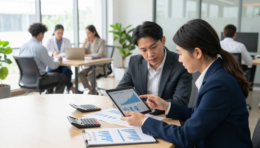 A professional office environment where a diverse group of individuals is engaged in discussions about financing medical treatments. In the foreground, two well-dressed professionals—one male and one female—are studying a financial chart on a tablet, focused and deep in conversation. The middle ground features a round table with financial documents, graphs, and a small calculator, symbolizing careful budgeting. The background includes a large window with bright natural light coming in, illuminating the spacious office filled with modern furniture and plants, creating a warm and inviting atmosphere. The scene conveys a sense of collaboration and professionalism, highlighting the important themes of treatment funding, payments, and support options in a clear and engaging manner.