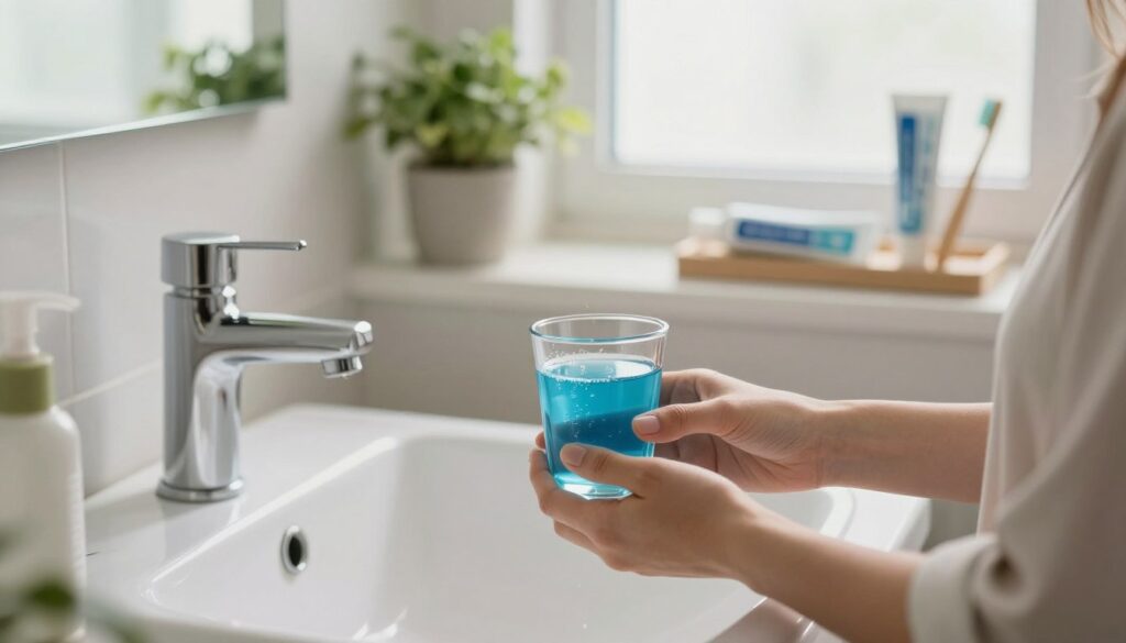 A serene bathroom scene featuring a stylish, modern sink with a clear glass mouthwash cup filled with a vibrant blue hyaluronic acid mouth rinse. In the foreground, a pair of hands gently holding the cup, showcasing a person in a smart casual outfit, emphasizing cleanliness and care. The background includes soft, natural lighting streaming through a frosted window, illuminating potted green plants and a neatly arranged dental care shelf with toothpaste and a toothbrush. The atmosphere is calm and inviting, conveying a sense of rejuvenation and oral health focus. The composition is well-framed with a shallow depth of field to draw attention to the mouthwash while maintaining a soft, soothing aesthetic throughout the entire image.