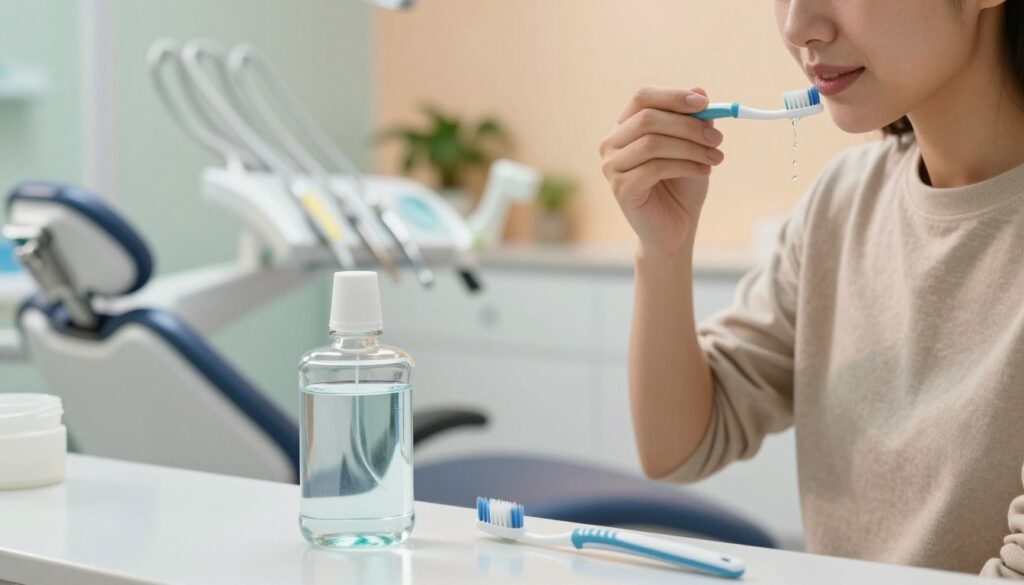 A serene dental clinic setting, focusing on a patient gently rinsing their mouth with a clear, soothing mouthwash. In the foreground, a glass of mouthwash and a detailed toothbrush sit on a clean countertop, highlighting safety and hygiene. The patient, a person in modest casual clothing, has a calm expression, carefully swishing the liquid. In the middle ground, a bright, well-lit dental chair and an array of dental tools suggest a professional environment. The background showcases soft pastel colors on the walls, with potted plants adding a touch of freshness. The lighting is warm and inviting, creating a soothing atmosphere that conveys care and safety in oral hygiene practices post-tooth extraction. A serene dental clinic setting, focusing on a patient gently rinsing their mouth with a clear, soothing mouthwash. In the foreground, a glass of mouthwash and a detailed toothbrush sit on a clean countertop, highlighting safety and hygiene. The patient, a person in modest casual clothing, has a calm expression, carefully swishing the liquid. In the middle ground, a bright, well-lit dental chair and an array of dental tools suggest a professional environment. The background showcases soft pastel colors on the walls, with potted plants adding a touch of freshness. The lighting is warm and inviting, creating a soothing atmosphere that conveys care and safety in oral hygiene practices post-tooth extraction.