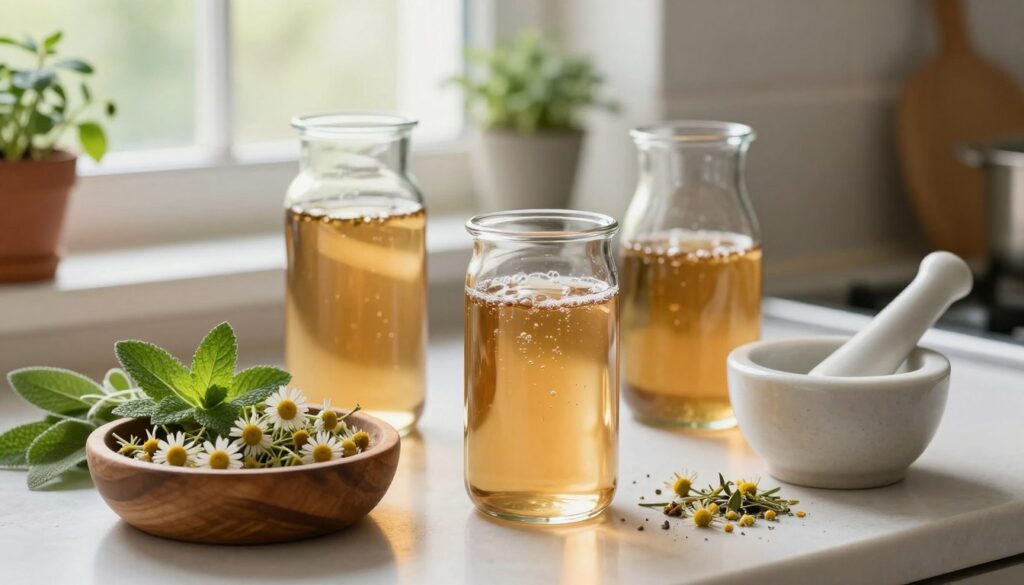 A serene kitchen countertop scene, featuring a collection of herbal infusions in clear glass jars. In the foreground, there's a small wooden bowl filled with fresh herbs like chamomile, sage, and mint, alongside a delicate mortar and pestle used for grinding. The middle ground displays elegant glass cups filled with amber-colored herbal mouthwash solutions, subtle bubbles indicating freshness. In the background, soft natural light streams in through a window, creating a warm and inviting atmosphere, with potted herbs on the windowsill. The overall mood is soothing and therapeutic, reflecting the calming nature of herbal remedies. The composition should focus on the textures of the herbs and liquids, emphasizing their natural beauty. A serene kitchen countertop scene, featuring a collection of herbal infusions in clear glass jars. In the foreground, there's a small wooden bowl filled with fresh herbs like chamomile, sage, and mint, alongside a delicate mortar and pestle used for grinding. The middle ground displays elegant glass cups filled with amber-colored herbal mouthwash solutions, subtle bubbles indicating freshness. In the background, soft natural light streams in through a window, creating a warm and inviting atmosphere, with potted herbs on the windowsill. The overall mood is soothing and therapeutic, reflecting the calming nature of herbal remedies. The composition should focus on the textures of the herbs and liquids, emphasizing their natural beauty.