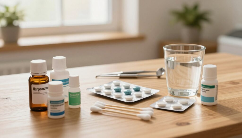 A soothing, warm-toned scene featuring an assortment of over-the-counter pain relief medications for dental discomfort laid out on a clean, wooden table. In the foreground, bottles of analgesics, including ibuprofen and acetaminophen, are displayed alongside a glass of water. The middle ground shows a neatly arranged pack of topical analgesic gel and a few cotton swabs, impeccably presented in a gentle, inviting manner. The background features a soft-focus dental care setting with a potted plant and dental tools subtly illuminated by warm, natural light streaming through a nearby window. The overall mood conveys comfort and reassurance, ideal for illustrating a guide on pain relief after dental issues.