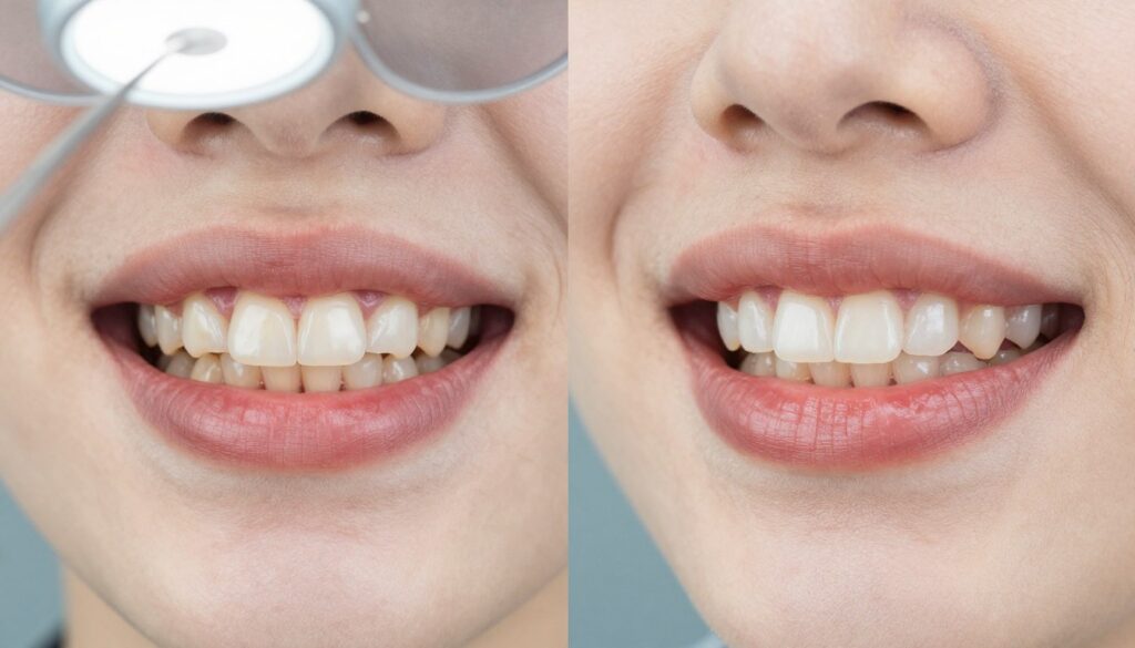 A split-image comparison showing "gum contouring before and after." On the left, a close-up of a patient’s gums before the procedure, highlighting some unevenness and excess gum tissue in a clinical, well-lit dental environment. On the right, the same patient’s gums after the procedure, showcasing a balanced and aesthetically pleasing gum line, emphasizing health and beauty. Include subtle details like dental instruments in the background for a medical ambiance, and ensure the lighting is bright and neutral to represent a professional setting. The angle should be straight-on, creating a clear juxtaposition between the two states, while maintaining a calm, reassuring atmosphere. A split-image comparison showing "gum contouring before and after." On the left, a close-up of a patient’s gums before the procedure, highlighting some unevenness and excess gum tissue in a clinical, well-lit dental environment. On the right, the same patient’s gums after the procedure, showcasing a balanced and aesthetically pleasing gum line, emphasizing health and beauty. Include subtle details like dental instruments in the background for a medical ambiance, and ensure the lighting is bright and neutral to represent a professional setting. The angle should be straight-on, creating a clear juxtaposition between the two states, while maintaining a calm, reassuring atmosphere.