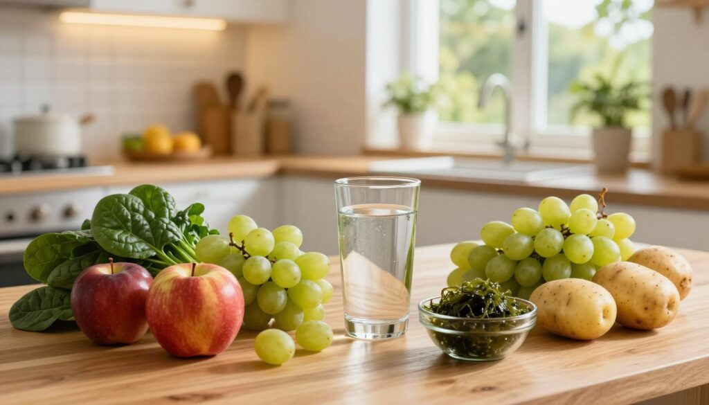 A vibrant and informative kitchen setting showcasing a healthy lifestyle centered around fluoride sources in diet. In the foreground, there's a wooden table with an array of colorful fruits and vegetables rich in fluorine, such as spinach, grapes, and potatoes, artistically arranged. In the middle, a glass of water with fluoride sits beside a small bowl of seaweed, highlighting natural sources. In the background, a cozy ambiance illuminates the space with soft, warm lighting, creating an inviting atmosphere. A window can be seen, revealing a sunny garden outside, emphasizing a connection to nature. The scene reflects the importance of fluoride beyond dental treatments, suggesting a holistic approach to health and wellness. Capture this image with a focus on a slightly high angle for a comprehensive view, evoking a sense of care and nourishment.