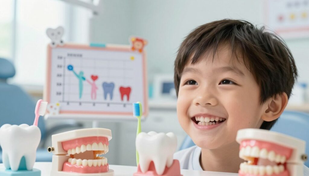 A vibrant, educational illustration showcasing a child's transition from baby teeth to permanent teeth. In the foreground, focus on a close-up of a smiling child, age 6-7, with both baby teeth and emerging adult teeth visible. The child's expression is joyful and curious, surrounded by tooth models illustrating the process of dental transition. In the middle ground, include a dental chart displaying age milestones for tooth loss and eruption, surrounded by playful, colorful dental-themed elements like toothbrushes and tooth fairy motifs. In the background, a soft, bright dental clinic setting with natural light illuminating the space, creating a warm and inviting atmosphere. Use a slight tilt-down angle to enhance focus on the child and dental education elements, conveying a mood of excitement and discovery.