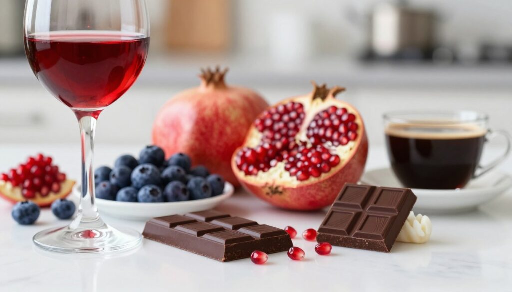 A visually striking layout featuring a collection of foods and drinks to avoid after teeth whitening. In the foreground, showcase a vibrant red wine glass spilling slightly on a polished white surface, accompanied by a dark chocolate bar and a cup of coffee. In the middle ground, display bright fruits like blueberries and pomegranate seeds, emphasizing their deep colors. Background elements should include a blurred kitchen setting with soft lighting to create a warm, inviting atmosphere. Use a shallow depth of field to draw focus towards the unhealthy items. The overall mood should convey caution but also be visually appealing, making the viewer aware of these foods' effects on newly whitened teeth.