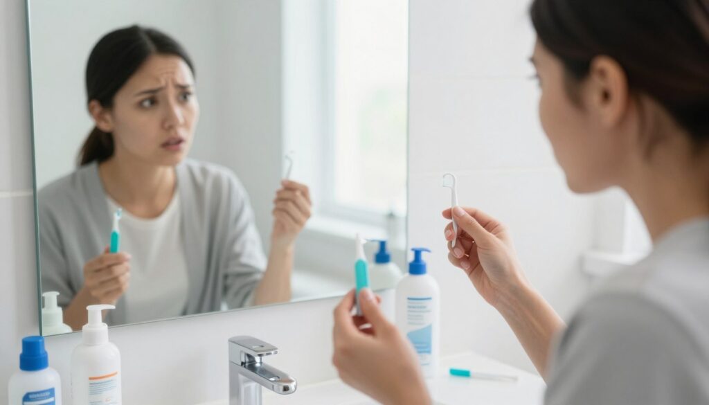 A well-lit bathroom setting with a mirror and various dental whitening products scattered around the countertop. In the foreground, a concerned person in professional attire, looking into the mirror with a slightly worried expression while holding a teeth whitening kit. In the background, a bright and clean ambiance with soft natural light filtering through a window, highlighting the dental items. Include a few common mistakes depicted subtly, like an overly strong product or incorrect application tools. The mood should reflect a sense of caution and awareness, emphasizing the importance of safe teeth whitening practices without overwhelming the viewer. The angle should be slightly overhead, focusing on the person’s reflection and the products.