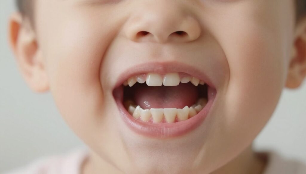 A well-lit, close-up image showcasing a set of baby teeth, also known as primary teeth or "zęby mleczne," emerging from healthy gums. In the foreground, focus on a small child's lower jaw with a few newly erupted teeth, emphasizing their unique shapes and textures. The middle ground features a soft, blurred view of a child’s smiling face, capturing the joy and wonder of early development, with bright and warm lighting to convey a cheerful atmosphere. The background is a gentle, neutral color that enhances the subject without distraction. The overall mood should feel nurturing and educational, ideal for illustrating the natural process of teething in infants.
