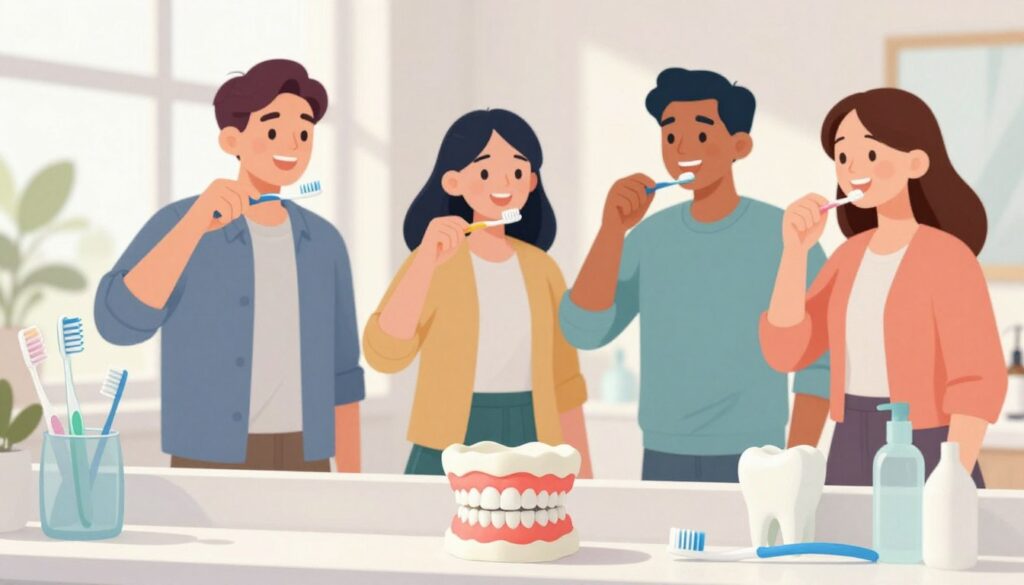 An informative and visually appealing illustration depicting everyday and long-term strategies to prevent dental cavities, particularly near the gum line. In the foreground, show a clean and well-organized bathroom counter with toothbrushes and dental floss in soft pastel colors, emphasizing oral hygiene tools. In the middle, portray a diverse group of three adults, depicted in professional attire, demonstrating proper brushing and flossing techniques, smiling to convey positivity towards dental care. The background features soft natural light streaming through a window, illuminating a bright, clean space that reflects a healthy lifestyle. The overall mood is encouraging and educational, hinting at daily routines that contribute to maintaining good oral health and prevention of dental issues. An informative and visually appealing illustration depicting everyday and long-term strategies to prevent dental cavities, particularly near the gum line. In the foreground, show a clean and well-organized bathroom counter with toothbrushes and dental floss in soft pastel colors, emphasizing oral hygiene tools. In the middle, portray a diverse group of three adults, depicted in professional attire, demonstrating proper brushing and flossing techniques, smiling to convey positivity towards dental care. The background features soft natural light streaming through a window, illuminating a bright, clean space that reflects a healthy lifestyle. The overall mood is encouraging and educational, hinting at daily routines that contribute to maintaining good oral health and prevention of dental issues.