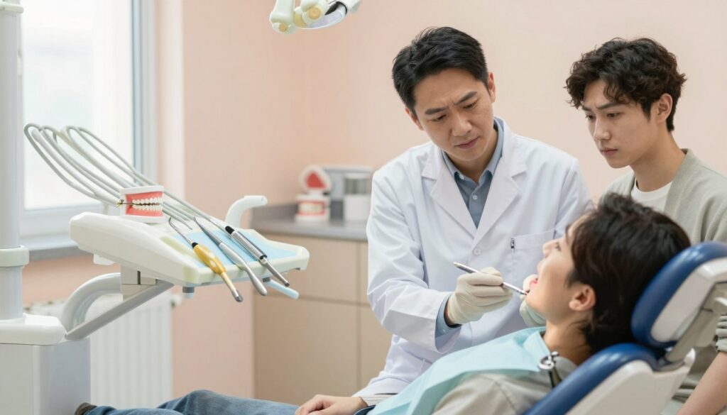 An informative dental clinic scene, featuring a calm, welcoming environment. In the foreground, a dentist in professional attire is seated at a modern dental chair, gently examining a patient's swollen gum with a look of concern and professionalism. The patient, dressed in modest casual attire, appears apprehensive yet hopeful for relief. In the middle ground, dental tools are organized neatly on a tray, and an anatomical model of teeth is visible on a counter nearby, providing educational context. The background features soothing pastel-colored walls and natural light streaming in through a window, creating a serene atmosphere. The overall mood is one of reassurance, emphasizing the importance of seeking timely dental care for swollen gums. The scene is captured with soft, diffused lighting to enhance the inviting feel.
