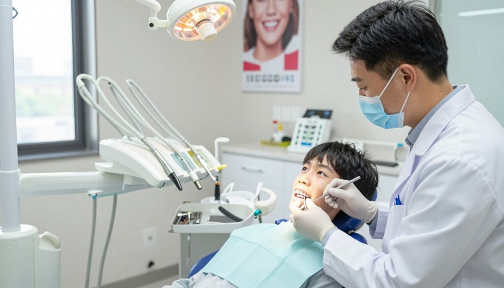 An orthodontist in a modern dental office is fitting a young patient with a new set of braces. In the foreground, the orthodontist, a professional wearing a white coat and a mask, is focused and precise, holding dental tools. The patient, seated in a dental chair, looks slightly nervous yet excited, wearing a simple, casual shirt. In the middle ground, various dental equipment is neatly organized, including a light for examination and a tray of orthodontic tools. The background features calming colors and posters of dental health, enhancing the serene atmosphere. The room is well-lit with natural light coming through large windows. The overall mood is professional, reassuring, and optimistic, emphasizing the importance of orthodontic care.