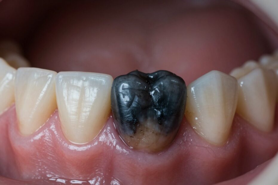 Czarny ząb przy dziąśle