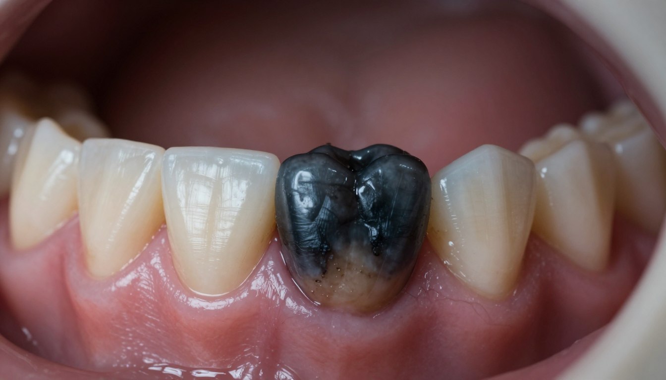 Czarny ząb przy dziąśle