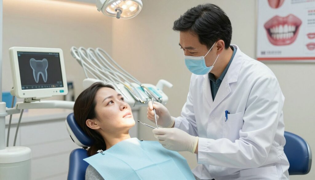 In a modern dental clinic, a concerned adult patient sits in a dental chair, looking anxiously at the dentist, who is leaning forward wearing a white coat and professional attire. The dentist demonstrates empathy, holding a dental tool while speaking gently. The foreground features a dental monitor displaying an outline of a tooth, while the middle ground highlights dental tools neatly arranged on a tray. Soft, warm lighting illuminates the room, creating a calming atmosphere. In the background, dental posters about oral health issues are partially visible. The scene conveys urgency and professionalism, emphasizing the importance of seeking dental care promptly. The composition is inviting, encouraging patients to feel safe and supported while addressing dental emergencies.